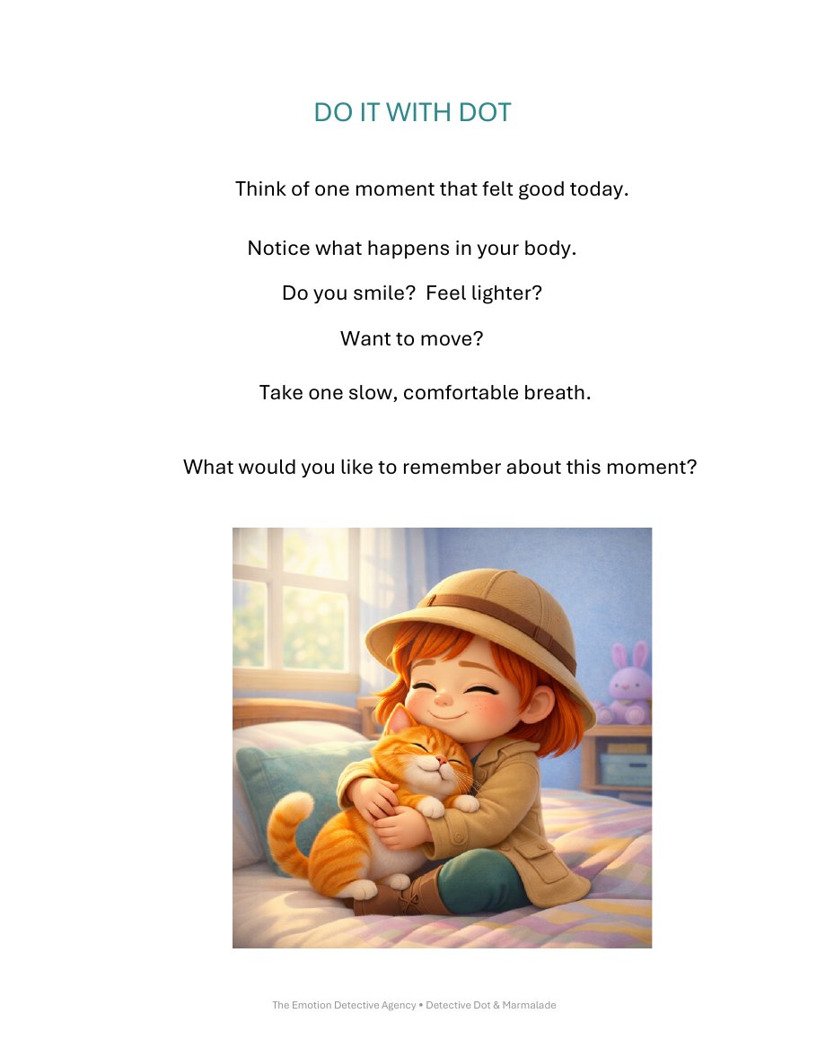 Inside page of The Case of the Sparkle: children think of a moment that felt good and notice what happens in their body