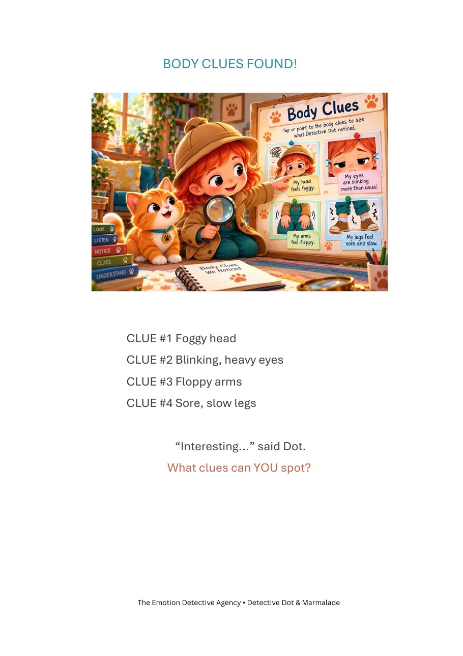 Book page: Dot and Marmalade find clues including a foggy head, blinking eyes and floppy arms