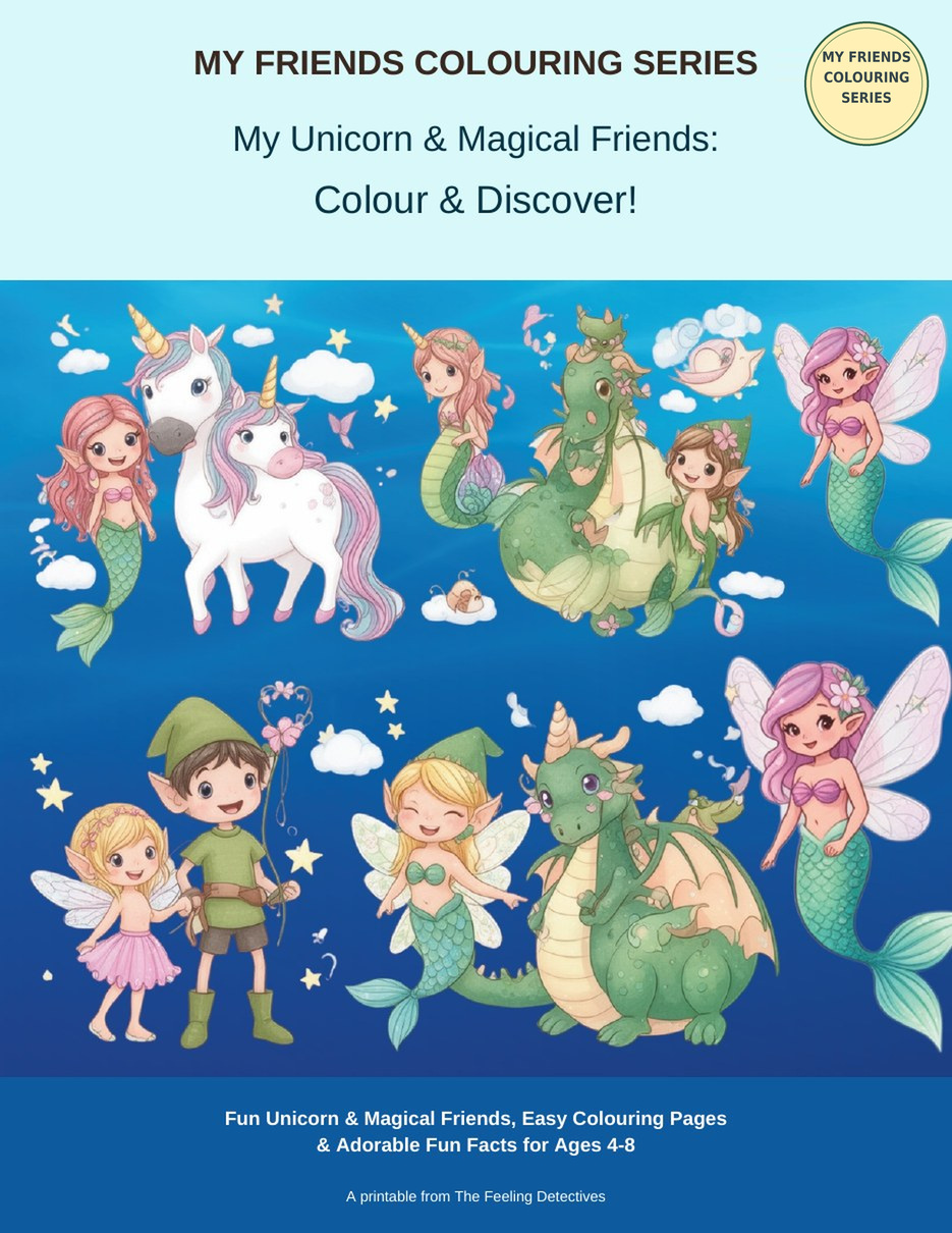 My Unicorn & Magical Friends – Colour & Discover! cover with unicorns, mermaids, fairies and dragons