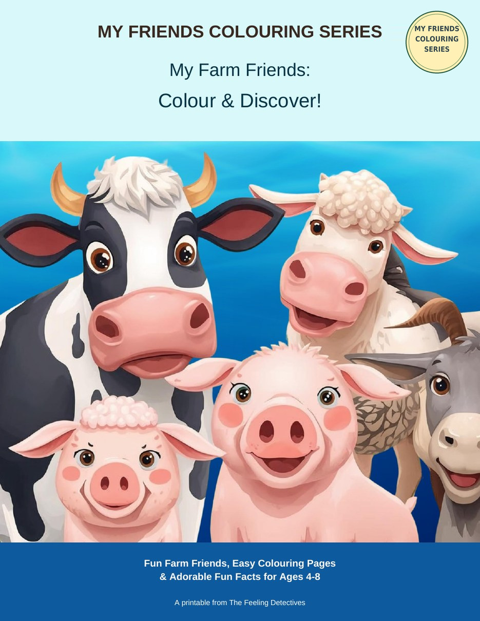 My Farm Friends – Colour & Discover! cover with a cow, sheep, pigs and goat