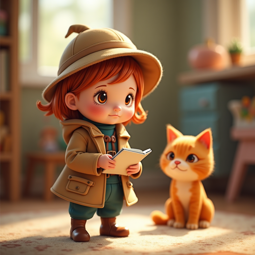 Detective Dot holding her detective notebook, with Marmalade sitting beside her