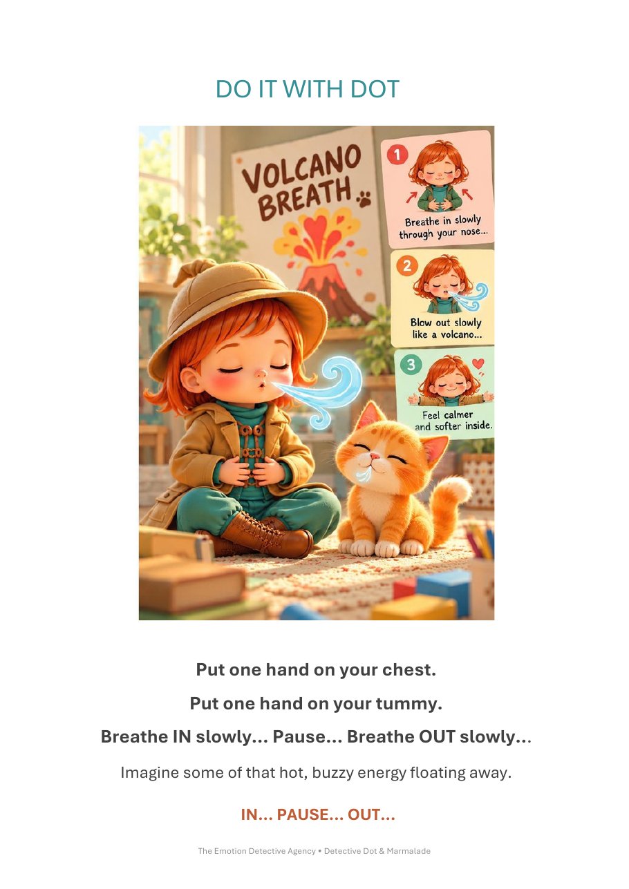 Inside page of The Case of the Hot Hands: children practise the Volcano Breath calming strategy with Detective Dot