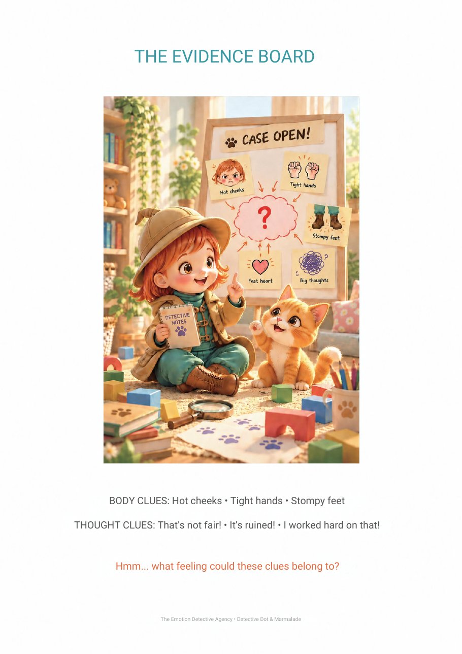 Inside page of The Case of the Hot Hands: Dot and Marmalade gather the body and thought clues on their evidence board