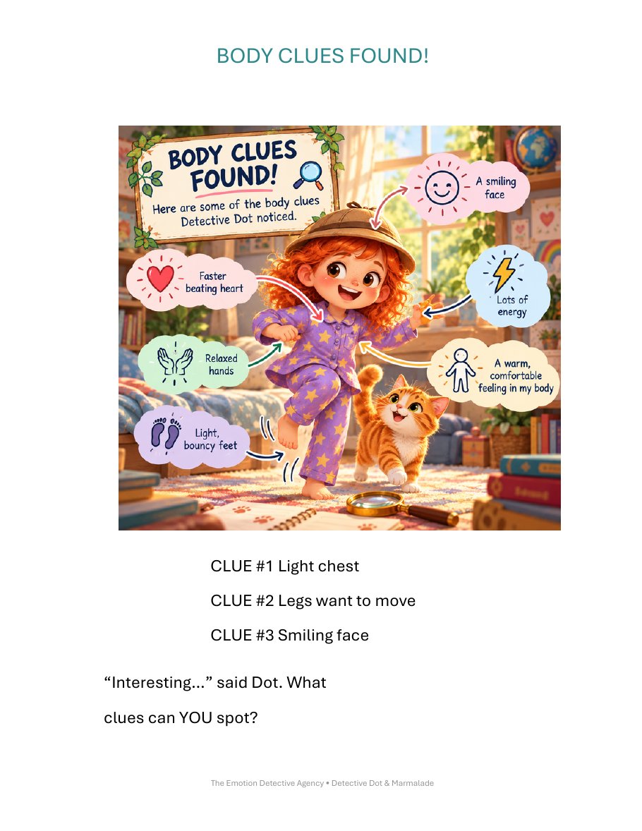 Inside page of The Case of the Sparkle: Dot finds a light chest, legs that want to move and a smiling face as body clues