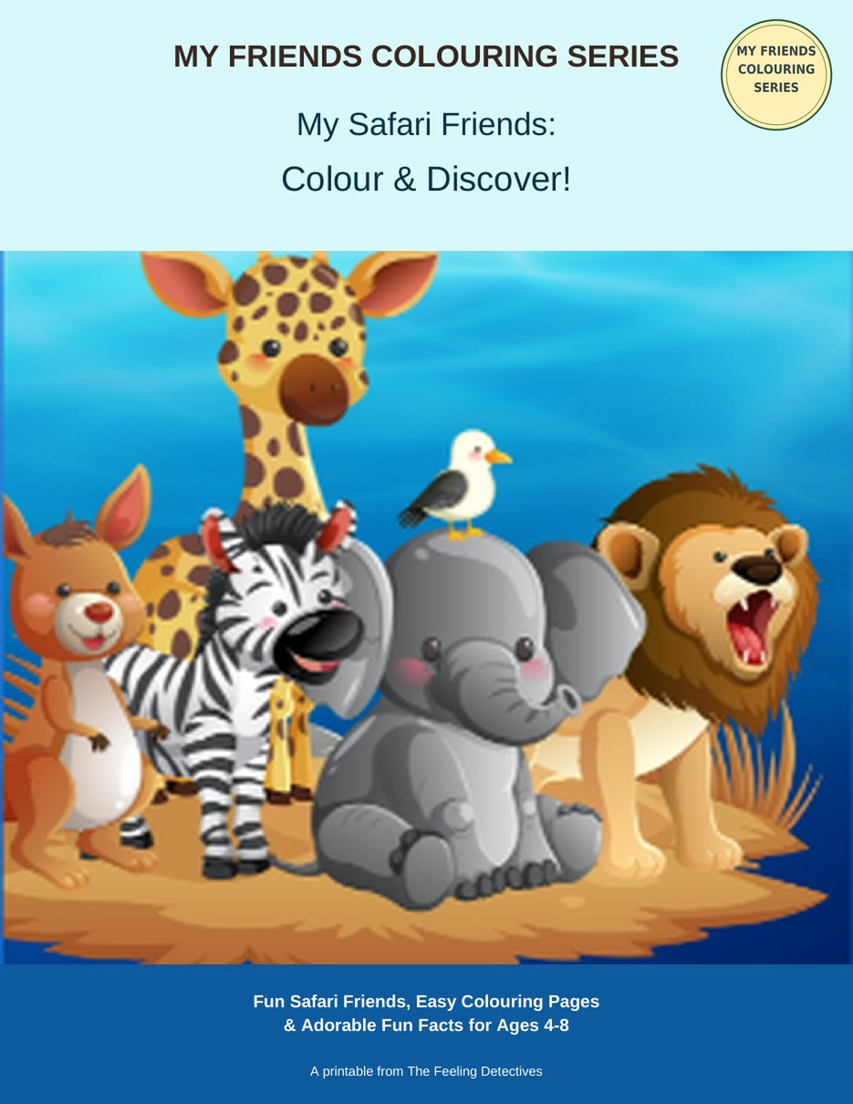 My Safari Friends – Colour & Discover! cover with a giraffe, zebra, elephant and lion