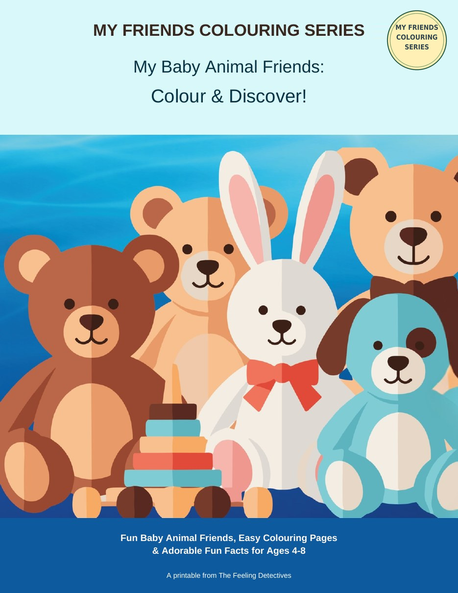 My Baby Animal Friends – Colour & Discover! cover with teddy bears, a bunny and a puppy
