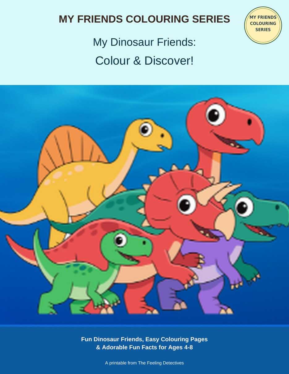 My Dinosaur Friends – Colour & Discover! cover with friendly cartoon dinosaurs