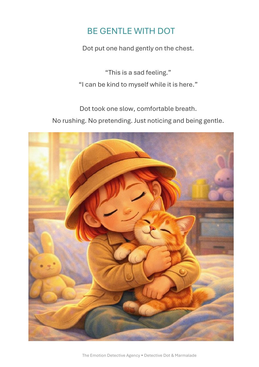 Inside page of The Case of the Leaky Eyes: Dot puts a hand gently on her chest and takes one slow, comfortable breath