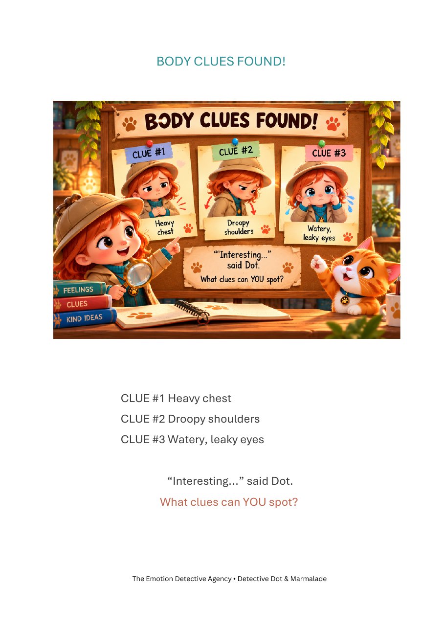 Inside page of The Case of the Leaky Eyes: Dot finds a heavy chest, droopy shoulders and watery, leaky eyes as body clues