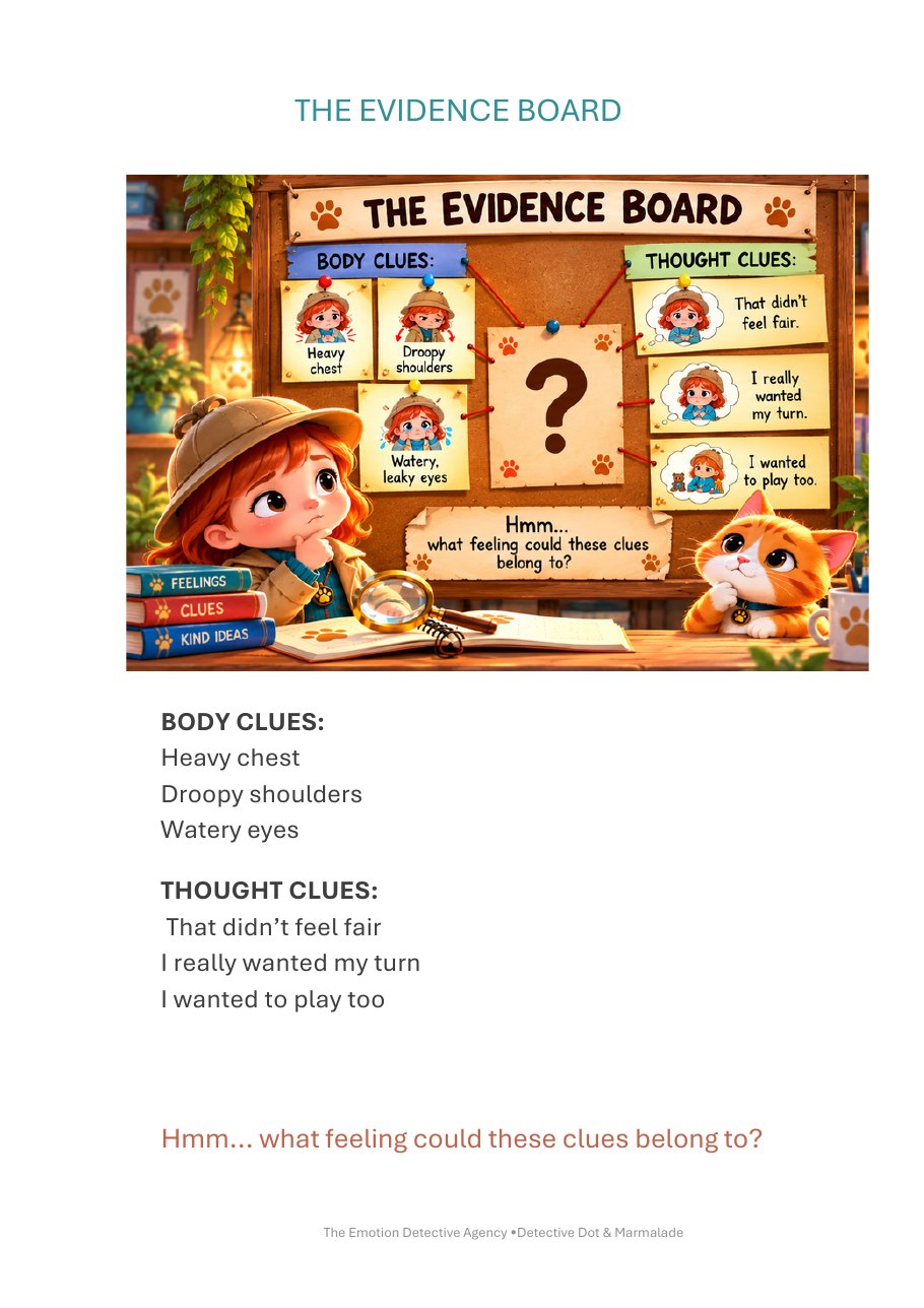 Inside page of The Case of the Leaky Eyes: Dot gathers body and thought clues on the evidence board
