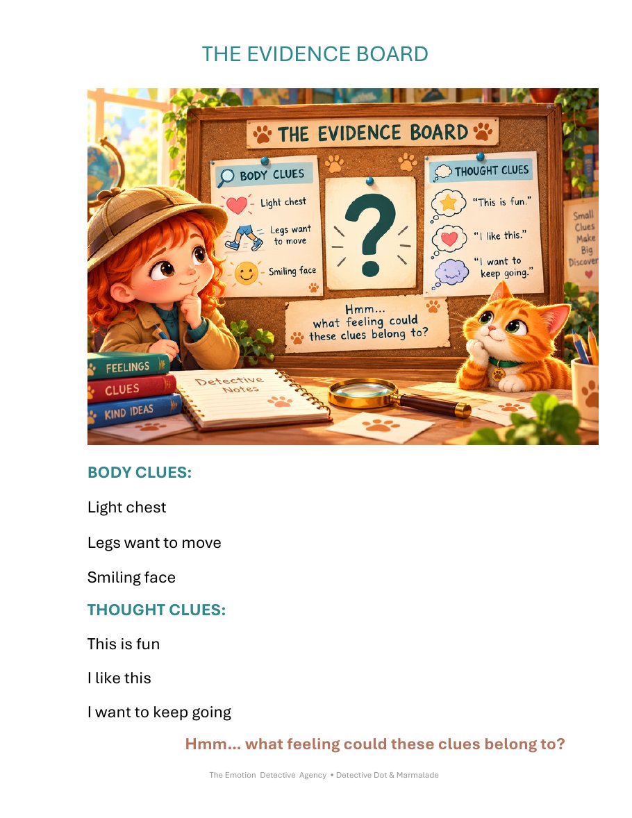 Inside page of The Case of the Sparkle: Dot gathers body and thought clues on the evidence board