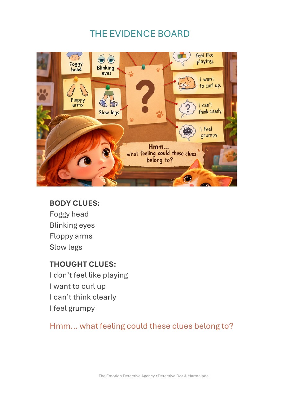 Book page: Dot examines body and thought clues on the evidence board